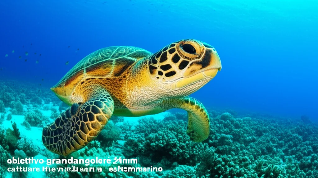 Una tartaruga marina verde nuota con grazia sopra una barriera corallina vibrante, raggi di sole penetrano l'acqua cristallina, obiettivo grandangolare 24mm per catturare l'ambiente sottomarino, messa a fuoco nitida sulla tartaruga, colori vividi.