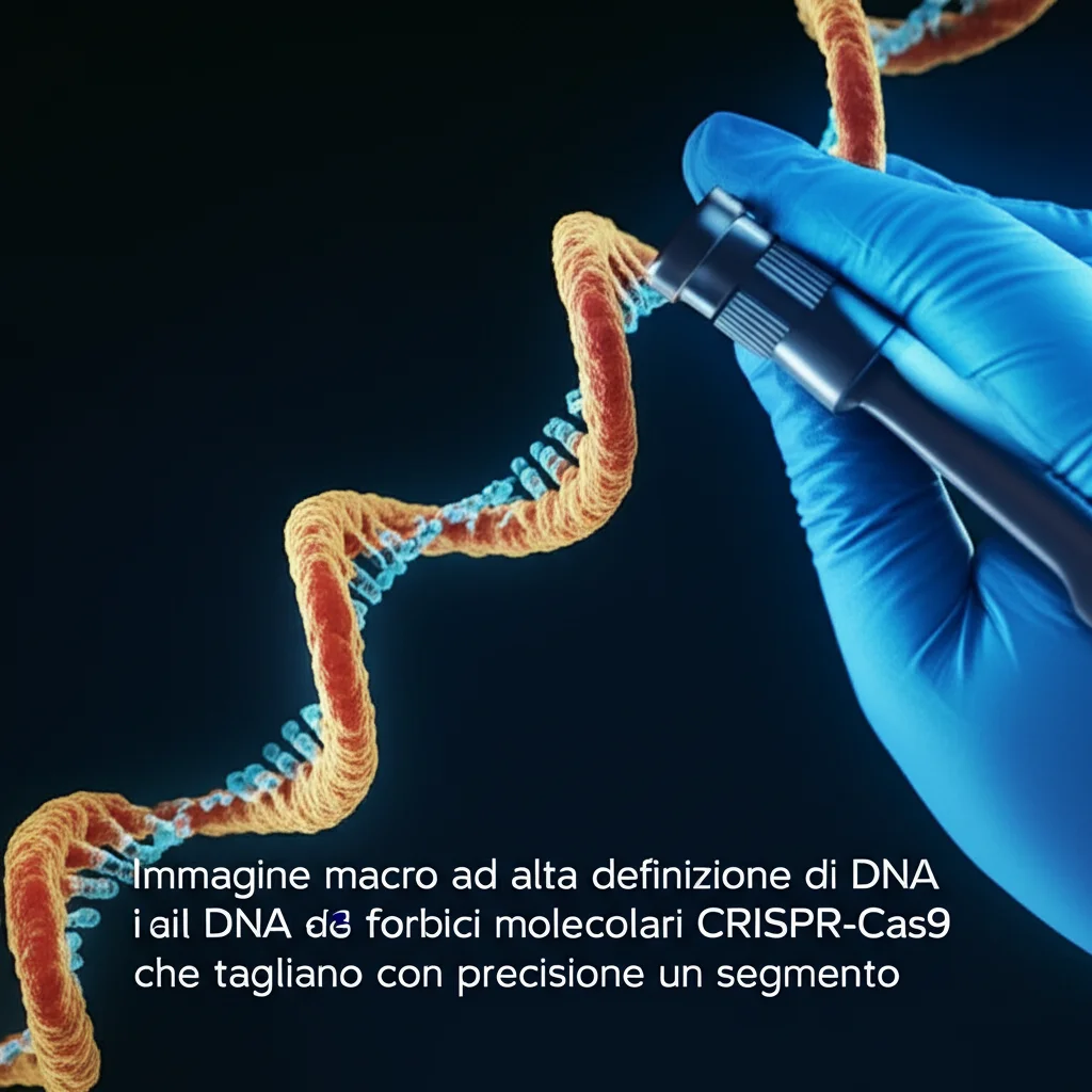 Immagine macro ad alta definizione di filamenti di DNA con forbici molecolari CRISPR-Cas9 che tagliano con precisione un segmento, illuminazione da laboratorio controllata, focale 100mm, per illustrare l'ingegneria genetica.