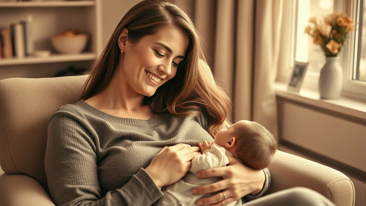 Una madre sorridente allatta al seno il suo bambino in un ambiente domestico confortevole e luminoso, magari su una poltrona vicino a una finestra. L'immagine trasmette serenità e connessione. Prime lens, 35mm, depth of field, duotone seppia e crema per un effetto caldo e intimo.