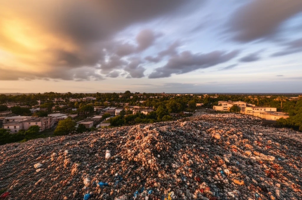Un'immagine aerea, wide-angle 10mm, di una discarica a cielo aperto in una zona tropicale, con abitazioni visibili nelle immediate vicinanze. Cielo parzialmente nuvoloso, luce del tardo pomeriggio per enfatizzare le ombre e la vastità del problema. Long exposure per un leggero effetto di movimento nelle nuvole.