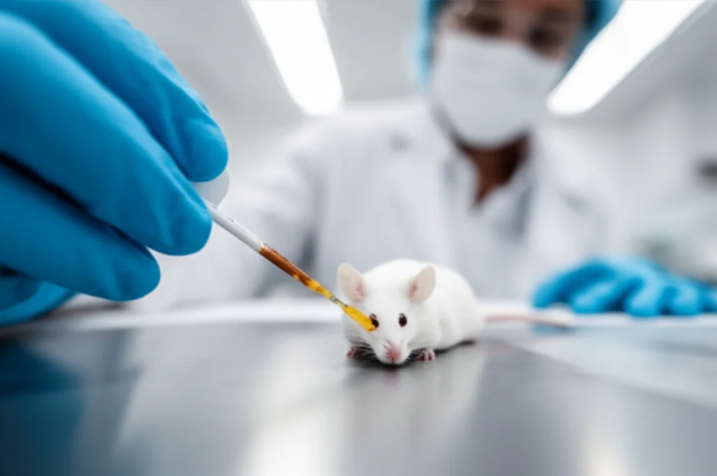 Fotografia di un topo da laboratorio bianco in un ambiente di ricerca controllato, con un ricercatore in camice che somministra un trattamento, messa a fuoco precisa sul topo, teleobiettivo 150mm, per rappresentare studi in vivo.