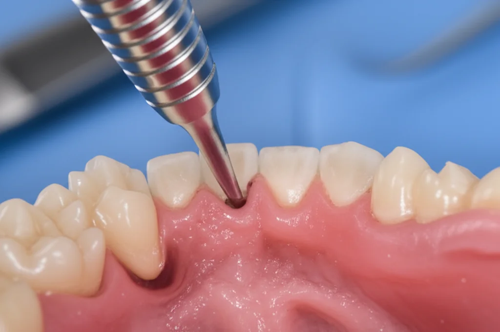 Macro lens, 60mm, high detail, precise focusing, controlled lighting, un primo piano di un modello dentale che mostra una mascella con una cavità cistica chiaramente demarcata prima dell'enucleazione, con un accenno a strumenti chirurgici nelle vicinanze.