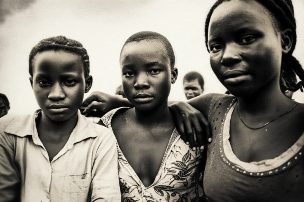 Ritratto di gruppo di persone in una regione endemica per la malaria, con espressioni che riflettono la vita quotidiana, luce naturale, focale 35mm, bianco e nero con viraggio seppia, per mostrare l'impatto umano della malattia.