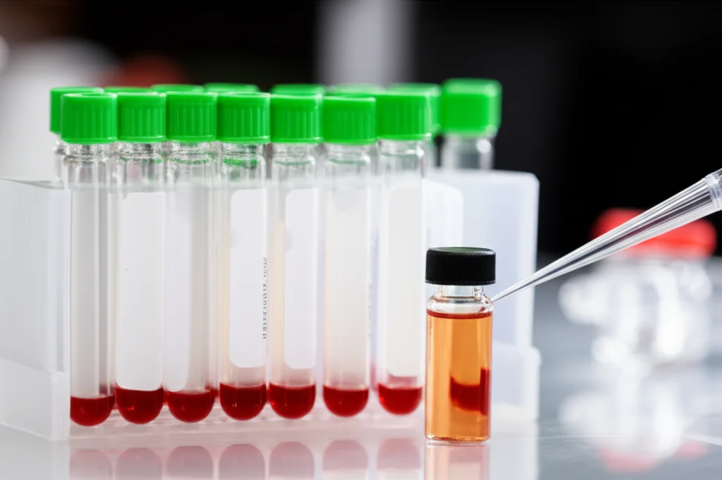 Macro lens, 100mm, high detail, precise focusing, controlled lighting, una scena di laboratorio sterile che mostra una provetta da centrifuga con strati di sangue separati (globuli rossi, buffy coat, PPP) e una piccola fiala di gel di albumina giallastro accanto, con una pipetta.