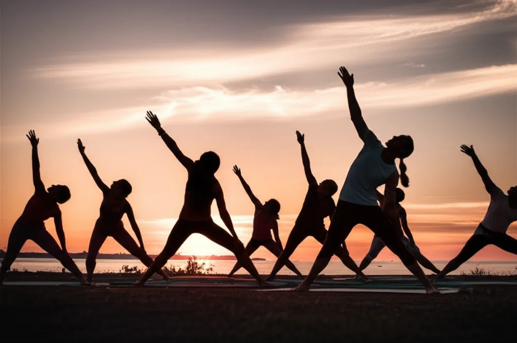 Un gruppo eterogeneo di persone che partecipano a una sessione di yoga all'aperto al tramonto, con il sole che crea silhouette suggestive. Alcuni sono in posizioni complesse, altri più semplici, tutti concentrati. Obiettivo grandangolare, 18mm, per includere il paesaggio e il cielo colorato, lunga esposizione per un leggero effetto mosso del movimento.