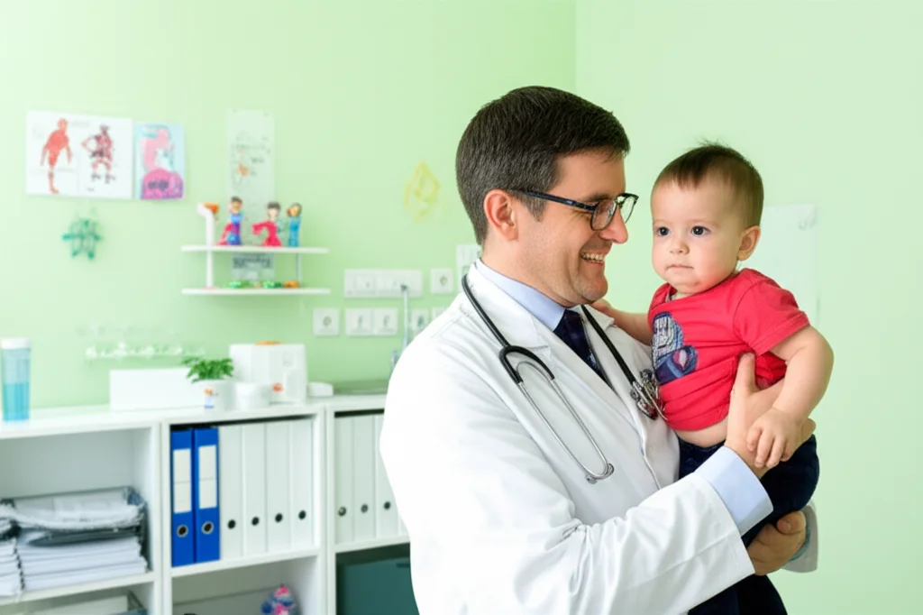 Un medico pediatra sorridente che tiene in braccio un bambino piccolo in un ambulatorio luminoso e colorato, obiettivo prime 35mm, profondità di campo, per simboleggiare la cura e la prevenzione delle malattie infantili come il rotavirus.
