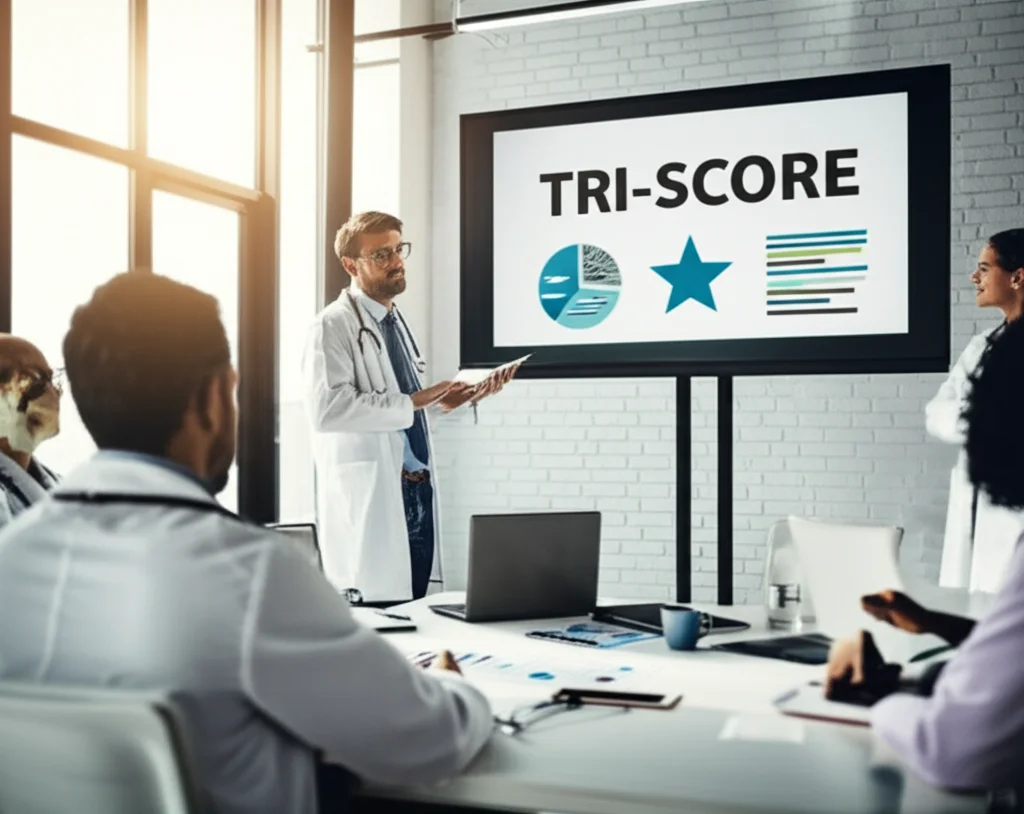 Fotografia di un team medico multidisciplinare in una sala riunioni luminosa, che discute grafici e dati su un grande schermo, simboleggiando l'analisi dei punteggi di rischio come il TRI-SCORE. Obiettivo prime 35mm, profondità di campo, luce naturale.