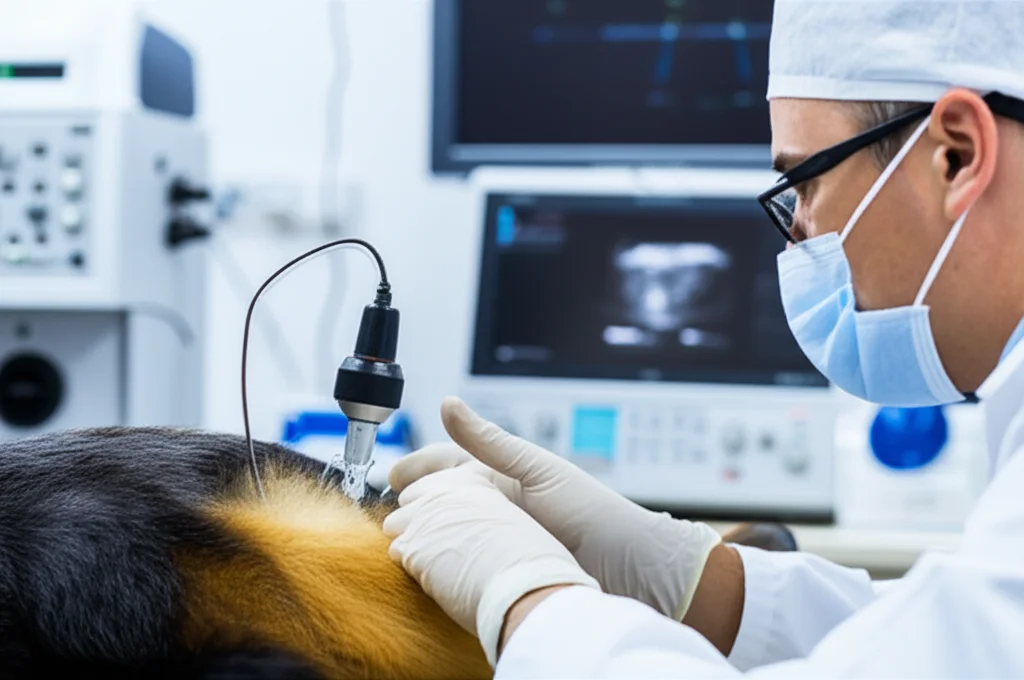 Un ricercatore in un laboratorio medico osserva attentamente un ecografo che mostra immagini ad alto contrasto di un piano fasciale durante un esperimento su un modello animale. Macro lens, 60mm, high detail, precise focusing, controlled lighting, l'ambiente è sterile e ben illuminato.