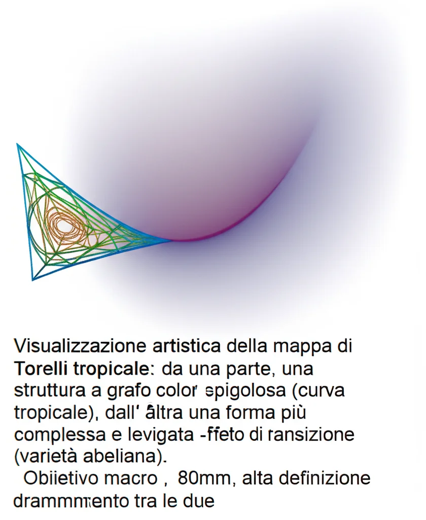 Visualizzazione artistica della mappa di Torelli tropicale: da una parte, una struttura a grafo colorata e spigolosa (curva tropicale), dall'altra una forma più complessa e levigata (varietà abeliana). Effetto di transizione o collegamento tra le due. Obiettivo macro, 80mm, alta definizione, illuminazione drammatica.