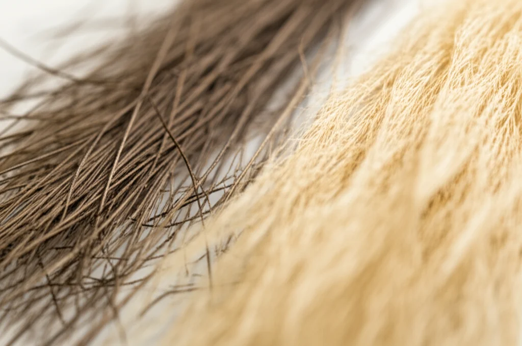 Fotografia macro di diverse tipologie di fibre vegetali, alcune più fini e chiare (simili a vigna di arachidi) e altre più grossolane e scure (simili a paglia di sorgo), disposte su una superficie neutra. Illuminazione da studio controllata per evidenziare le texture. Obiettivo macro 90mm, alta definizione, focus selettivo.