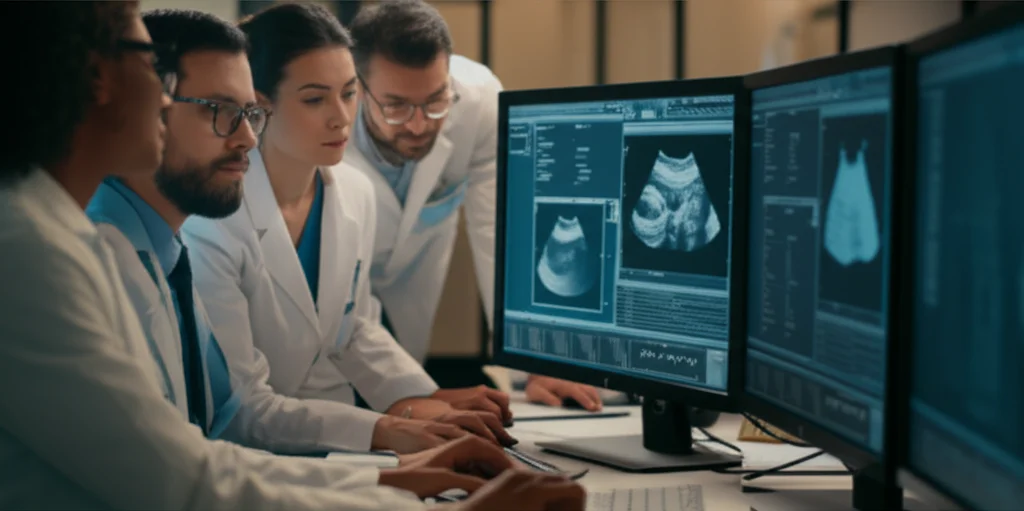 Un team di ricercatori discute animatamente davanti a schermi che mostrano immagini ecografiche e dati di laboratorio. Portrait photography, 35mm, depth of field, l'atmosfera è collaborativa e focalizzata sulla ricerca.