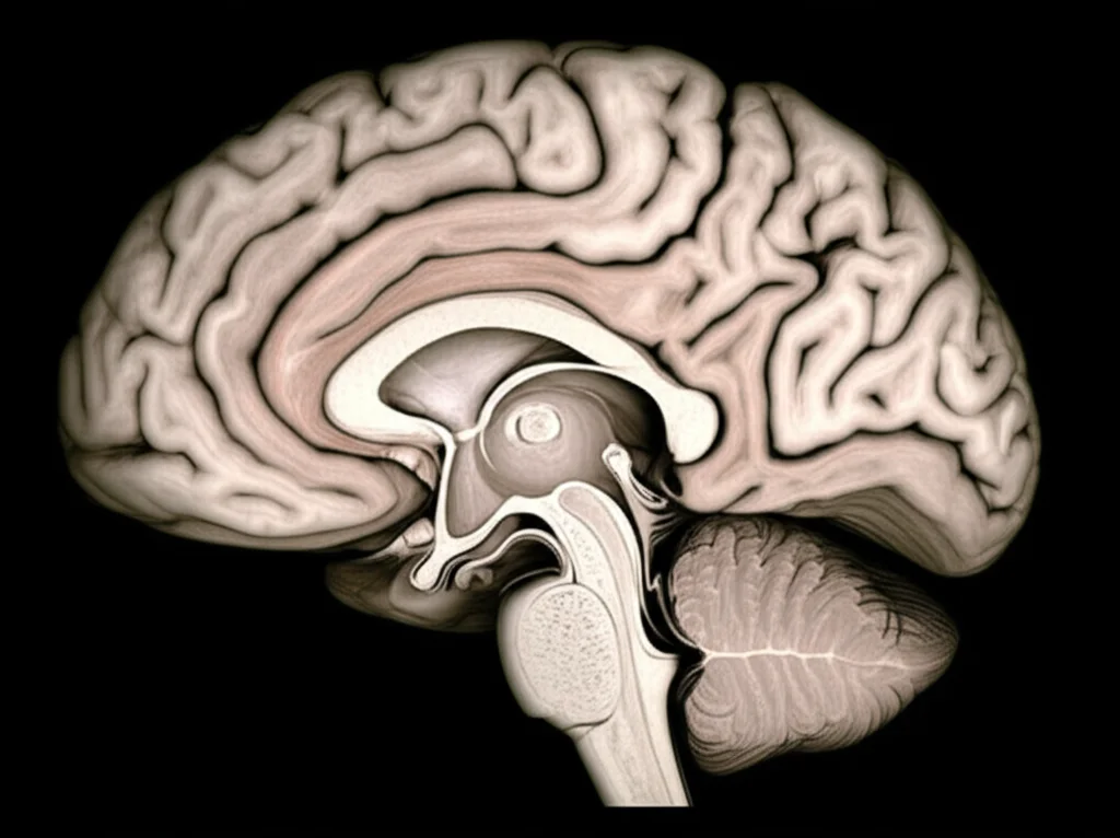 Visualizzazione scientifica 3D di un cervello umano che mostra i ventricoli laterali e le bande periventricolari concentriche. Le bande più interne mostrano segni di demielinizzazione (alterazione del colore/texture) che sfumano verso l'esterno, obiettivo grandangolare 20mm per una visione d'insieme, illuminazione che enfatizza le differenze tissutali.