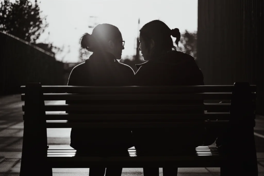 Due persone, viste di spalle e in ombra per proteggere l'identità, sedute vicine su una panchina in un contesto urbano un po' degradato, che sembrano confidarsi. Luce soffusa del tardo pomeriggio. Prime lens, 35mm, depth of field, duotone seppia e grigio scuro.