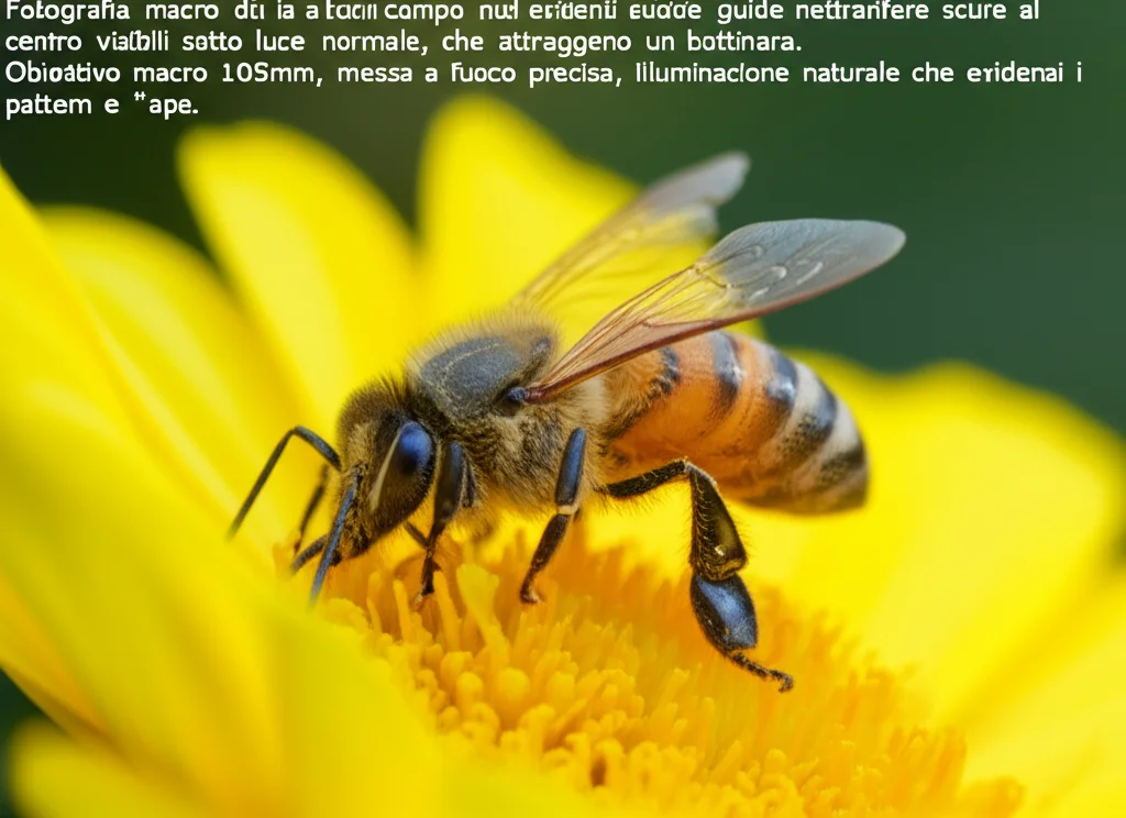 Fotografia macro di un fiore di campo con evidenti guide nettarifere scure al centro, visibili sotto luce normale, che attraggono un'ape intenta a bottinare. Obiettivo macro 105mm, messa a fuoco precisa, illuminazione naturale che evidenzi i pattern e l'ape.