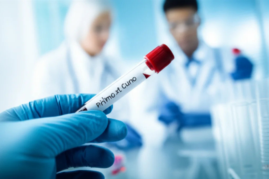 Primo piano di una mano che tiene una provetta di sangue con un'etichetta sfocata, su uno sfondo di un laboratorio medico moderno e pulito. Macro lens, 90mm, high detail, precise focusing, controlled lighting.