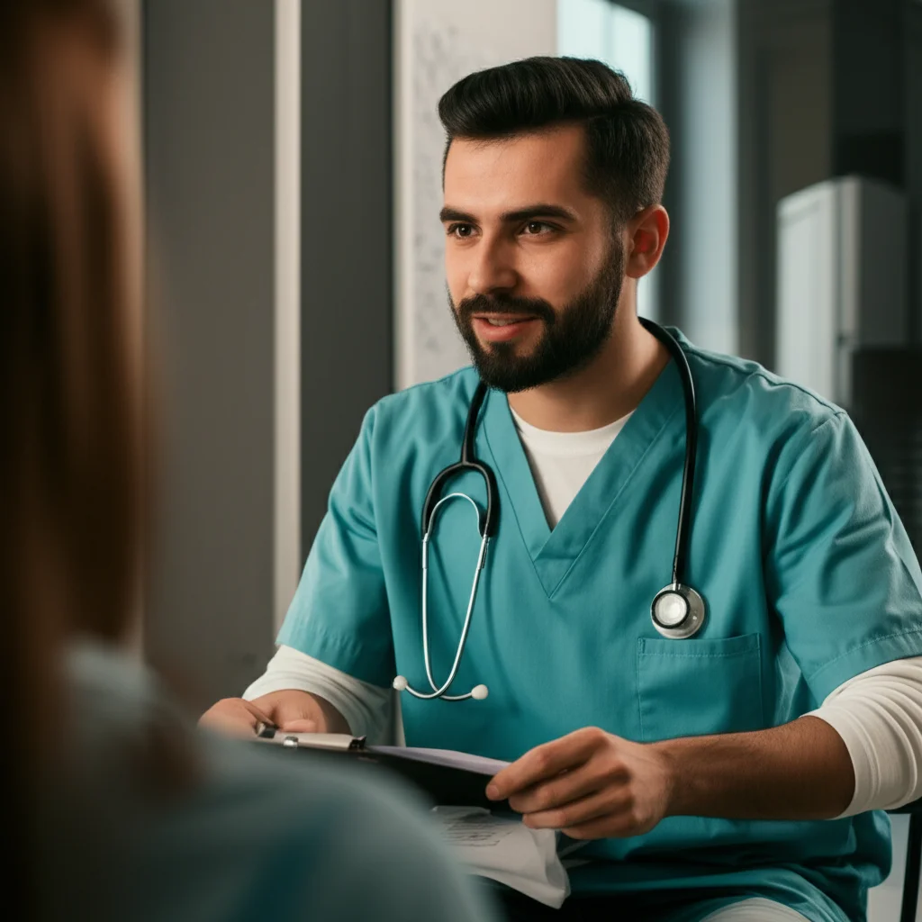 Un operatore sanitario con un atteggiamento empatico e accogliente che parla con una persona in un ambiente informale e sicuro, come un centro di riduzione del danno. Prime lens, 50mm, depth of field, luce calda e naturale.