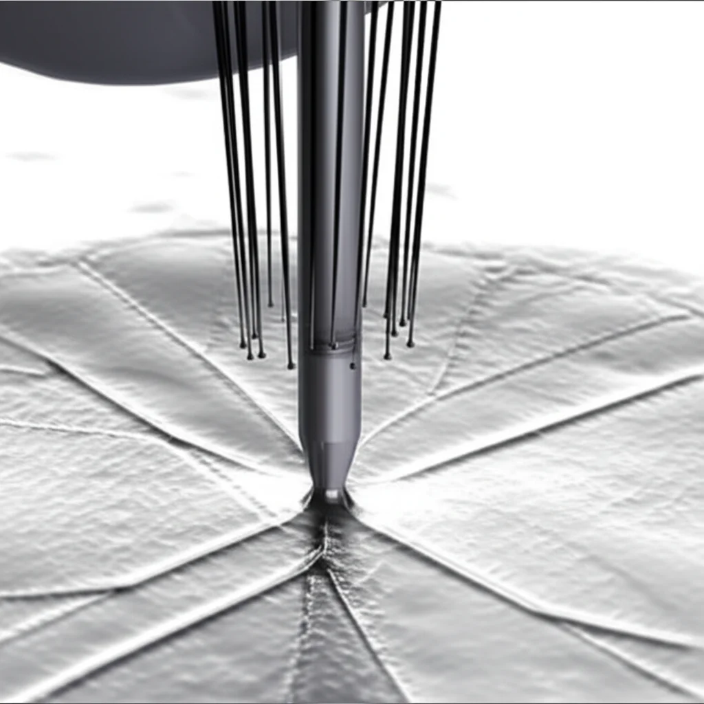 Fotografia teleobiettivo di un sottile array di elettrodi che viene delicatamente inserito in un modello di tessuto cerebrale trasparente, con tracciamento del movimento e velocità dell'otturatore elevata per catturare la precisione dell'inserimento, focale 200mm, sfondo sfocato per concentrarsi sull'interazione sonda-tessuto.