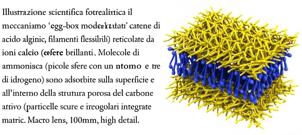 Illustrazione scientifica fotorealistica che mostra il meccanismo 'egg-box model' con catene di acido alginico (rappresentate come filamenti flessibili) reticolate da ioni calcio (sfere brillanti). Molecole di ammoniaca (piccole sfere con un atomo di azoto e tre di idrogeno) sono adsorbite sulla superficie e all'interno della struttura porosa del carbone attivo (particelle scure e irregolari integrate nella matrice). Macro lens, 100mm, high detail.