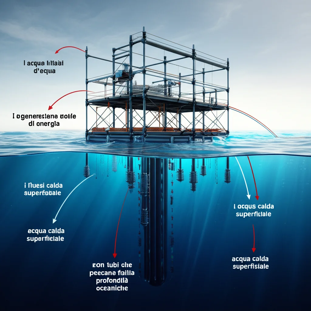 Visualizzazione 3D di un impianto OTEC offshore con tubi che pescano acqua fredda dalle profondità oceaniche blu scuro e acqua calda superficiale, con frecce che indicano i flussi d'acqua e la generazione di energia. Macro lens, 60mm, high detail, controlled lighting per evidenziare i dettagli tecnologici.
