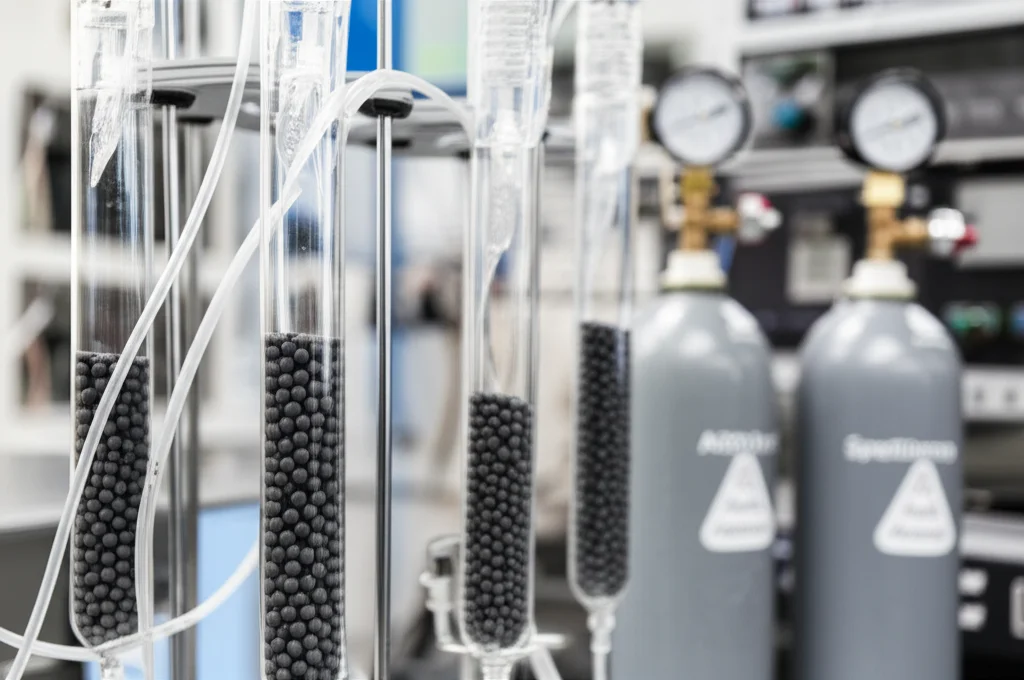 Fotografia realistica di un setup di laboratorio per test di adsorbimento/desorbimento. Si vedono colonne di vetro riempite con perle di carbone attivo scure, connesse a tubi e flussimetri. In background, bombole di gas (azoto, ammoniaca) e strumentazione di analisi come uno spettrometro di massa. Prime lens, 35mm, depth of field, illuminazione da laboratorio.