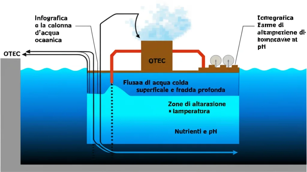 Infografica che mostra la colonna d'acqua oceanica con un impianto OTEC. Evidenziare il flusso di acqua calda superficiale e fredda profonda, e le zone di alterazione di temperatura, nutrienti e pH. Stile grafico chiaro e informativo, con etichette esplicative. Macro lens, 100mm, high detail.