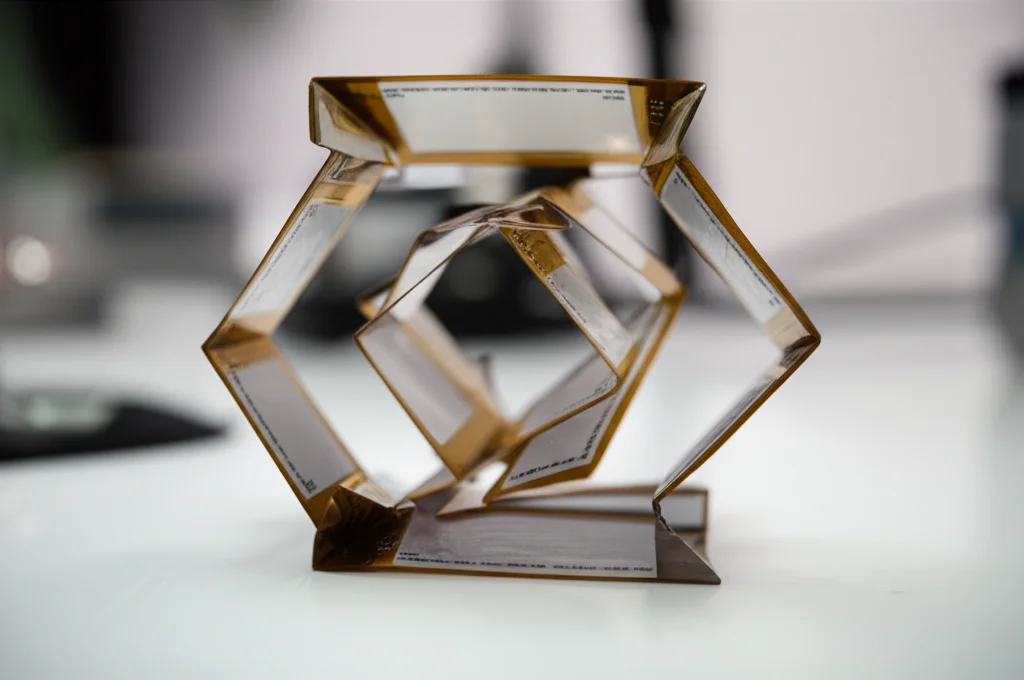 Still life di un dispositivo elettronico flessibile piegato a formare una struttura tridimensionale complessa, simile a un origami, su un banco di laboratorio pulito e illuminato professionalmente, macro lens 60mm, alta definizione per mostrare i dettagli della piegatura e dei componenti.