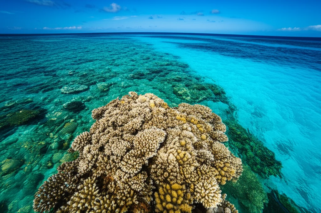 Un paesaggio marino tropicale sereno, con acque cristalline e una barriera corallina vibrante in primo piano, a simboleggiare gli ecosistemi che potrebbero beneficiare della riduzione dell'acidificazione oceanica. Wide-angle, 10-24mm, long exposure times, sharp focus, smooth water.