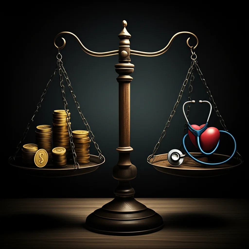 Due bilance stilizzate affiancate. Su una, simboli dell'economia (monete, grafici in crescita). Sull'altra, simboli della salute (cuore, stetoscopio). Le bilance sono in equilibrio precario, a rappresentare il dilemma. Luce drammatica, stile film noir, obiettivo prime 35mm, profondità di campo per mettere a fuoco le bilance.