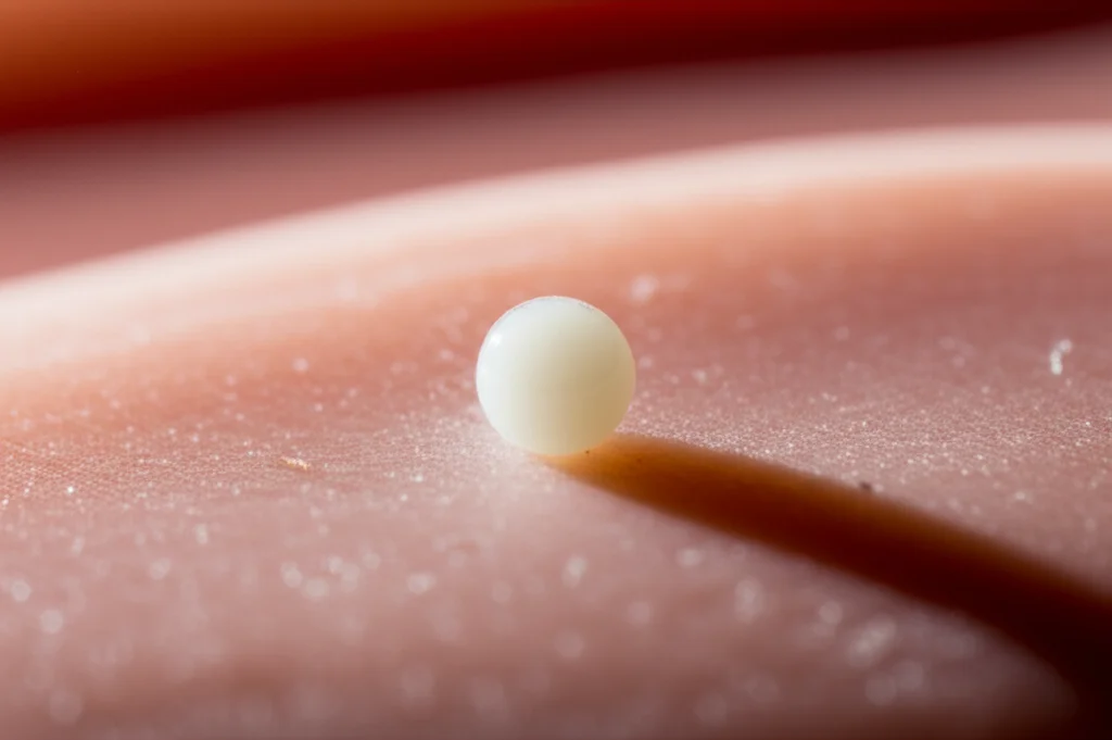 Un'immagine macro di un piccolo marcatore sferico utilizzato in risonanza magnetica, posizionato su un tessuto cerebrale simulato. Illuminazione controllata per evidenziare i dettagli del marcatore, lente macro 90mm, alta definizione.