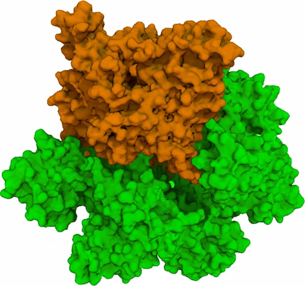 Immagine concettuale fotorealistica che mostra la molecola SP11 (stilizzata ma riconoscibile) che si lega specificamente al sito Cys41 su un dimero attivato della proteina Fis1. Lo sfondo potrebbe essere una rappresentazione sfocata di una membrana mitocondriale. Obiettivo macro da 90mm, messa a fuoco precisa sul sito di legame, illuminazione controllata per creare un senso di scoperta scientifica.