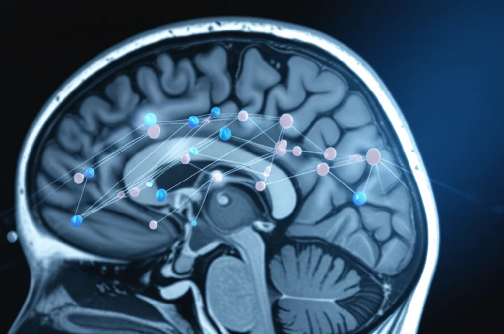 Visualizzazione astratta di una rete neurale U-Net o YOLO che processa un'immagine MRI. Colori duotone blu e grigio, con nodi luminosi e connessioni che analizzano una sezione di cervello con marcatori evidenziati. Profondità di campo per focalizzare su una parte della rete.