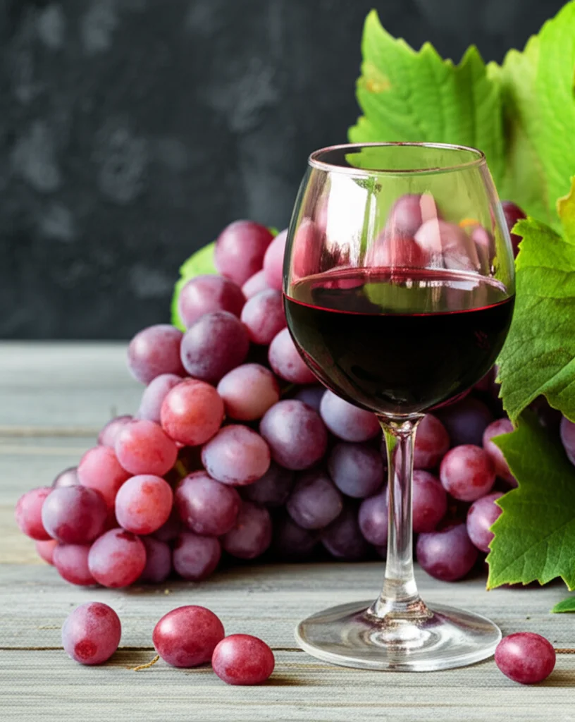 Macro, 60mm lens, high detail, controlled lighting: un grappolo d'uva rossa matura e succosa, con alcune bacche staccate accanto a un bicchiere di vino rosso, a simboleggiare le fonti naturali di resveratrolo.