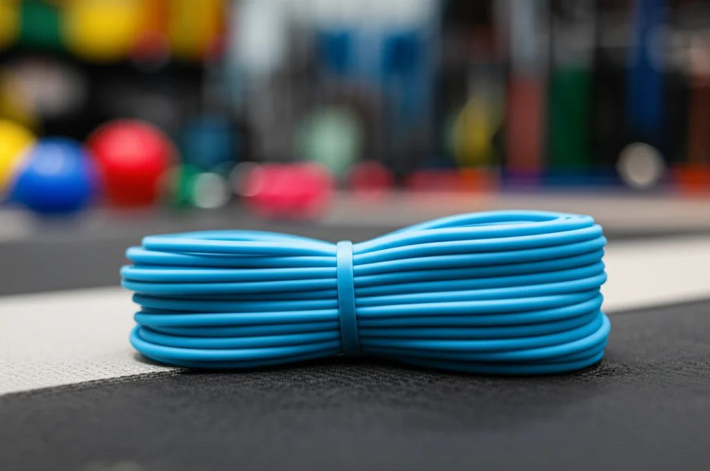 Fotografia macro di un dettaglio di attrezzatura sportiva adattata, come una palla morbida o una fascia elastica colorata, su uno sfondo sfocato di una palestra. Luce da studio controllata, alta definizione, obiettivo macro 90mm, focus preciso sull'oggetto.