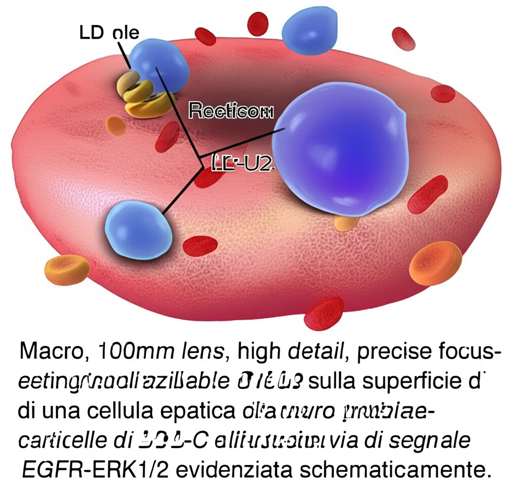 Macro, 100mm lens, high detail, precise focusing, controlled lighting: una visualizzazione 3D di recettori LDLR sulla superficie di una cellula epatica che catturano particelle di LDL-C dal flusso sanguigno, con la via di segnale EGFR-ERK1/2 evidenziata schematicamente.
