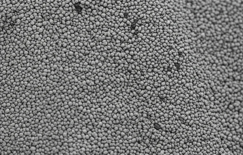 Lenti macro, 60 mm, primo piano delle particelle di pavimentazione in asfalto (RAP) prima della compattazione termica, che mostra varie dimensioni aggregate e rivestimento bitume, dettagli elevati, messa a fuoco precisa, illuminazione controllata.