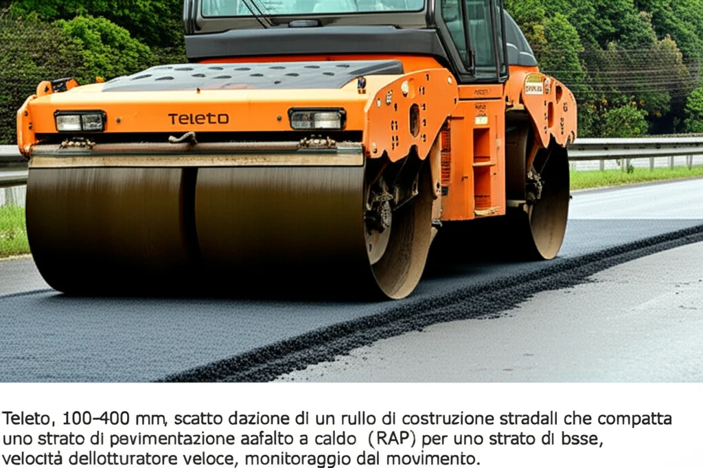 Teleto zoom, 100-400 mm, scatto d'azione di un rullo di costruzione stradali che compatta uno strato di pavimentazione asfalto a vapore a caldo (RAP) per uno strato di base, velocità dell'otturatore veloce, monitoraggio del movimento.
