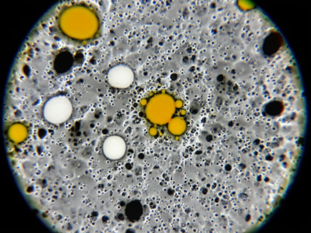 Immagine macro di un idrogel polimerico poroso di colore biancastro, illuminato lateralmente per evidenziare la sua struttura tridimensionale complessa e la texture superficiale. Piccole particelle sferiche di colore giallo (curcumina) e bianco (apatinib) sono visibili intrappolate all'interno della matrice del gel. Lente macro 60mm, alta definizione dei dettagli, illuminazione controllata per enfatizzare la porosità e la distribuzione dei farmaci, sfondo neutro e sfocato.