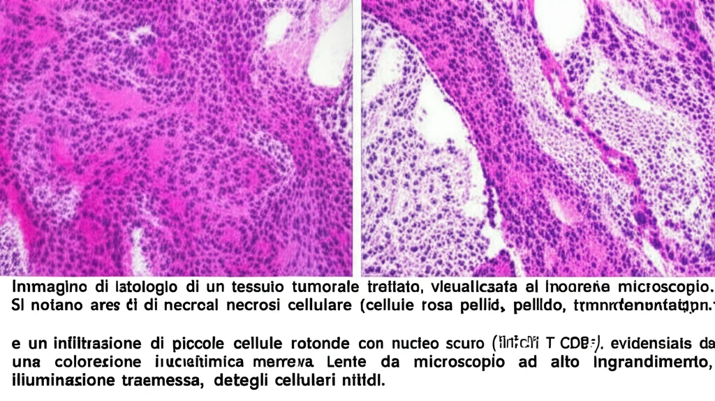 Immagine di istologia di un tessuto tumorale trattato, visualizzata al microscopio. Si notano aree di necrosi cellulare (cellule rosa pallido, frammentate) e un'infiltrazione di piccole cellule rotonde con nucleo scuro (linfociti T CD8+), evidenziate da una colorazione immunoistochimica marrone. Lente da microscopio ad alto ingrandimento, illuminazione trasmessa, dettagli cellulari nitidi.