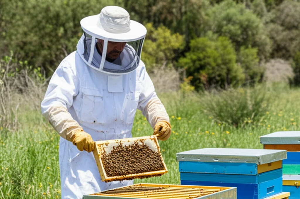 Un apicoltore con tuta protettiva ispeziona un favo pieno di api in un apiario situato in un paesaggio collinare argentino. Obiettivo zoom 35mm, luce naturale, per catturare la scena e l'ambiente.