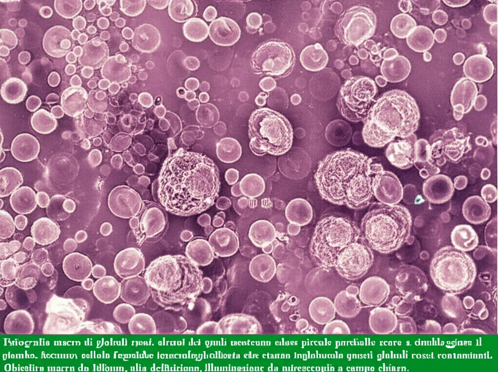 Fotografia macro di globuli rossi, alcuni dei quali mostrano adese piccole particelle scure a simboleggiare il piombo. Accanto, cellule fagocitiche (macrofagi) stilizzate che stanno inglobando questi globuli rossi contaminati. Obiettivo macro da 100mm, alta definizione, illuminazione da microscopia a campo chiaro.