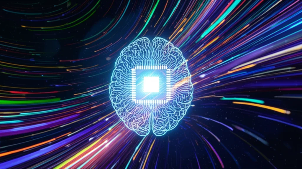 Visualizzazione astratta di grandi quantità di dati digitali, rappresentati come flussi luminosi multicolore, che convergono verso una rappresentazione stilizzata di un cervello o un chip di intelligenza artificiale. L'immagine è catturata con un obiettivo grandangolare da 20mm e una lunga esposizione per creare scie di luce dinamiche, con un focus nitido sul 'cervello' centrale, simboleggiando l'applicazione del machine learning e dell'analisi dei big data ai dati scientifici di SuperBand.