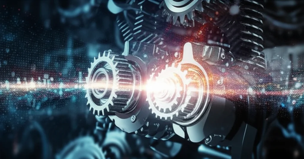 Un'immagine concettuale che mostra l'ingranaggio di un meccanismo fisico complesso, come quello di un motore a reazione, che si fonde con un flusso di dati digitali astratti e luminosi, simboleggiando l'unione tra modelli meccanicistici e approcci data-driven. L'illuminazione è drammatica, con dettagli nitidi e un forte contrasto. Obiettivo macro, 60mm, alta definizione, illuminazione controllata per evidenziare le texture metalliche e la fluidità dei dati.