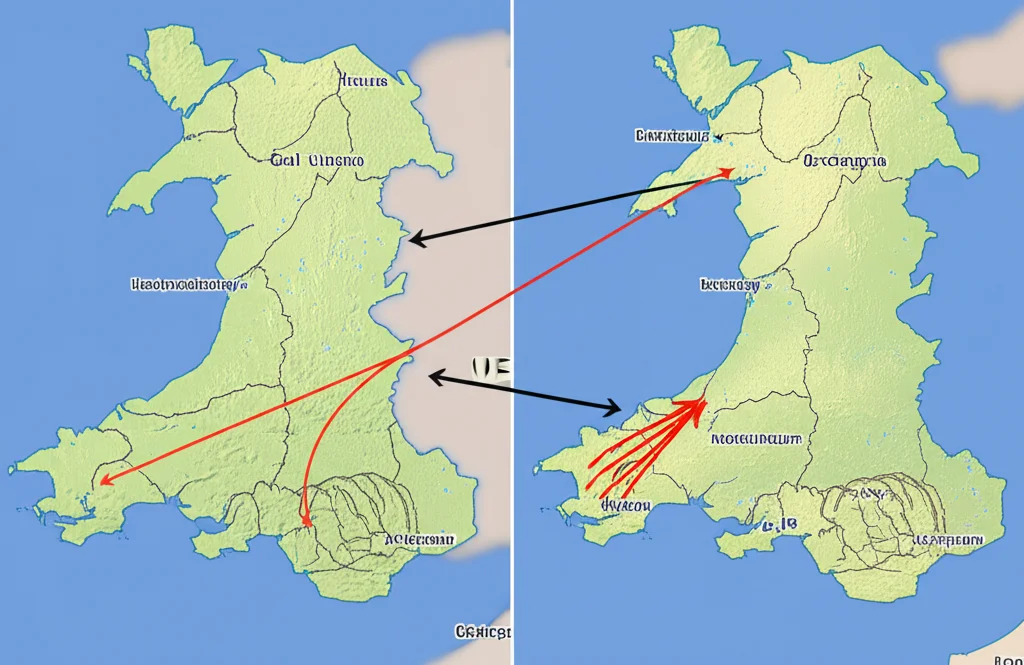 Due mappe stilizzate affiancate, una del Galles e una della Bretagna, con frecce che indicano flussi commerciali e di investimento. La mappa del Galles mostra frecce interrotte o ridotte verso l'UE, mentre quella della Bretagna mostra flussi fluidi. Wide-angle, 20mm, sharp focus, colori vivaci per la Bretagna e più spenti per il Galles.