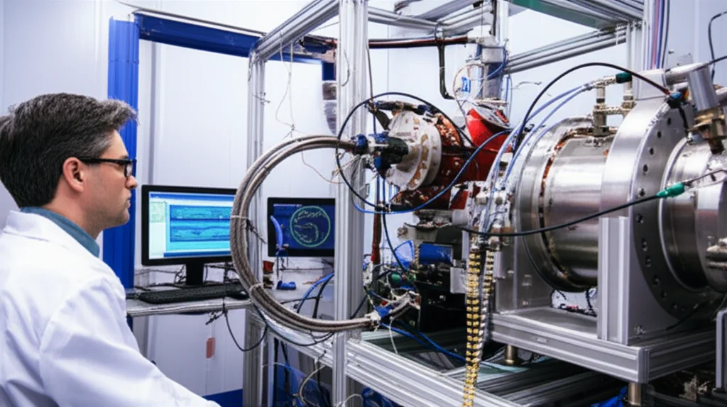 Un banco prova per motori a razzo VFDR all'interno di un laboratorio high-tech. Il motore è montato su un supporto robusto, circondato da sensori, cavi e tubazioni. In primo piano, un ingegnere in camice bianco osserva attentamente dei monitor che mostrano grafici di dati complessi e parametri di funzionamento del motore in tempo reale. L'ambiente è pulito e ben illuminato, con un'atmosfera di intensa attività di ricerca. Obiettivo grandangolare, 24mm, messa a fuoco nitida su tutta la scena, illuminazione da laboratorio brillante ma non abbagliante.