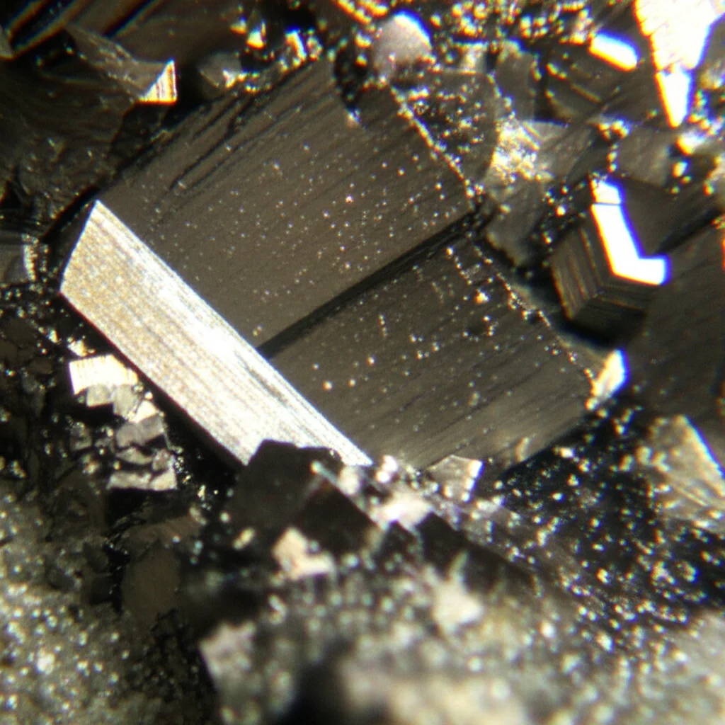 Immagine macro di cristalli policristallini di manganite esagonale, con illuminazione controllata per evidenziare la grana fine e la densità del materiale, obiettivo macro 60mm, alta definizione, messa a fuoco precisa sulla superficie lucidata.