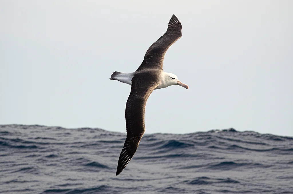 Fotografia naturalistica di un albatros in volo planato sopra l'oceano, catturata con teleobiettivo zoom 400mm, scatto veloce per tracciare il movimento, ali spiegate che sfruttano le correnti, cielo nuvoloso ma luminoso sullo sfondo, a simboleggiare l'adattamento alla vita pelagica e la longevità.