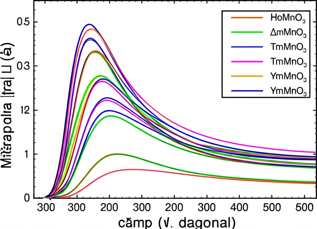 Grafico scientifico che mostra la variazione di temperatura adiabatica (ΔTad) in funzione della temperatura per diverse manganiti esagonali (HoMnO3, ErMnO3, TmMnO3, YMnO3) sotto campi magnetici pulsati, con curve colorate distinte per ogni materiale e intensità di campo, obiettivo 50mm, illuminazione uniforme, alta leggibilità dei dati.