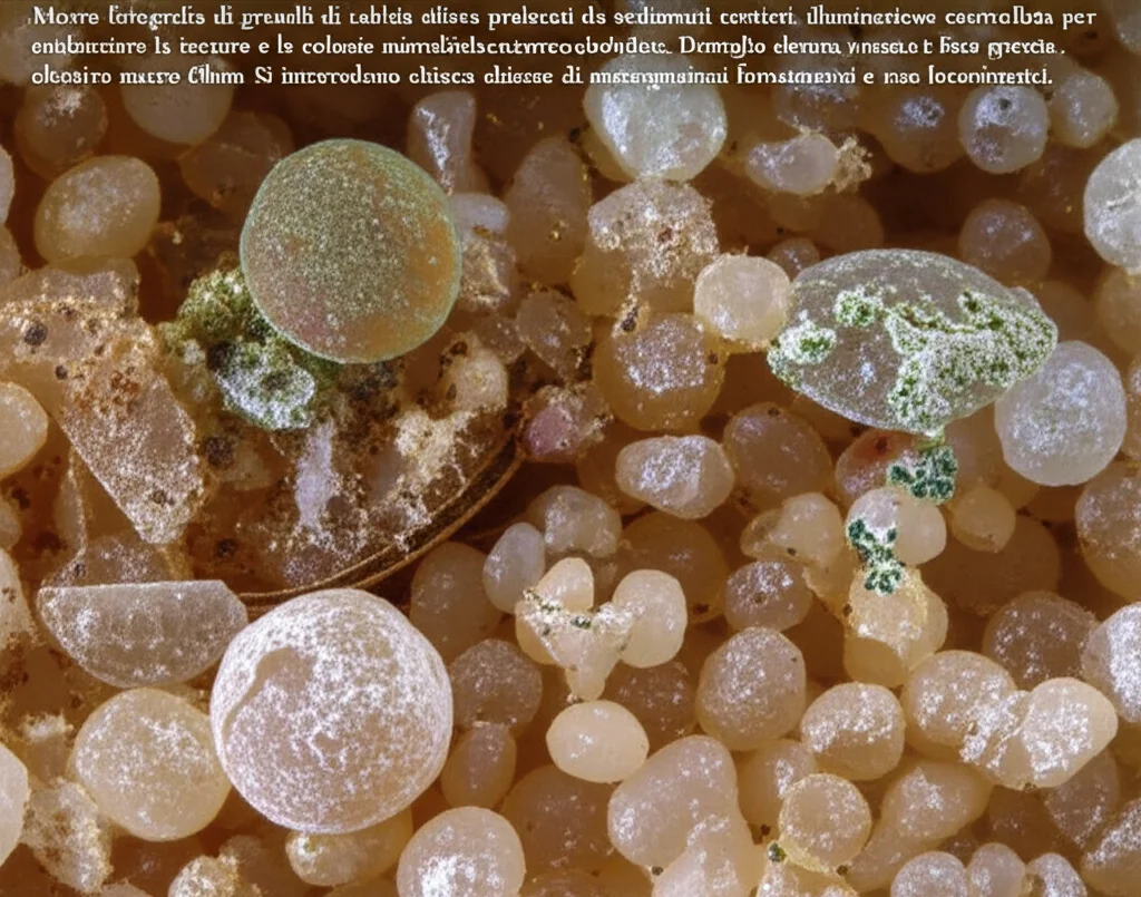 Macro fotografia di granelli di sabbia silicea prelevati da sedimenti costieri, illuminazione controllata per evidenziare la texture e le colonie microbiche eterogenee adese alla superficie. Dettaglio elevato, messa a fuoco precisa, obiettivo macro 60mm. Si intravedono chiazze di microrganismi fotosintetici e non fotosintetici.