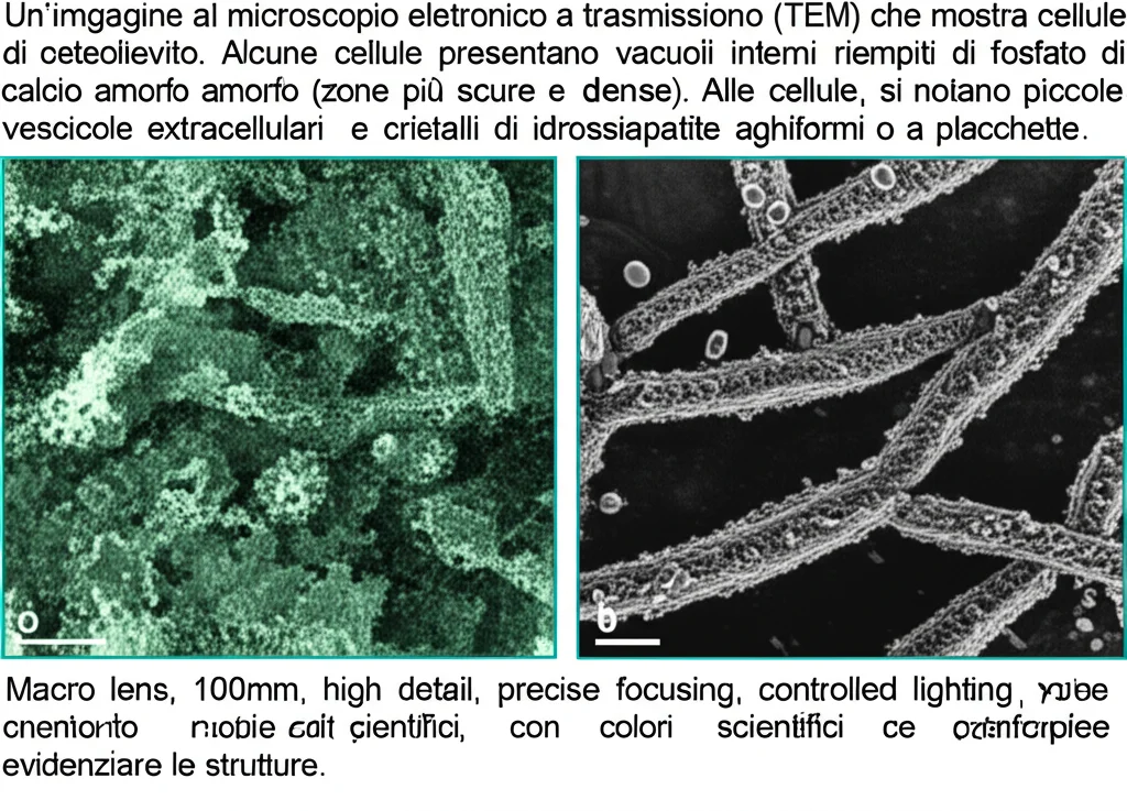 Un'immagine al microscopio elettronico a trasmissione (TEM) che mostra cellule di osteolievito. Alcune cellule presentano vacuoli interni riempiti di fosfato di calcio amorfo (zone più scure e dense). All'esterno delle cellule, si notano piccole vescicole extracellulari e cristalli di idrossiapatite aghiformi o a placchette. Macro lens, 100mm, high detail, precise focusing, controlled lighting, con colori scientifici per evidenziare le strutture.