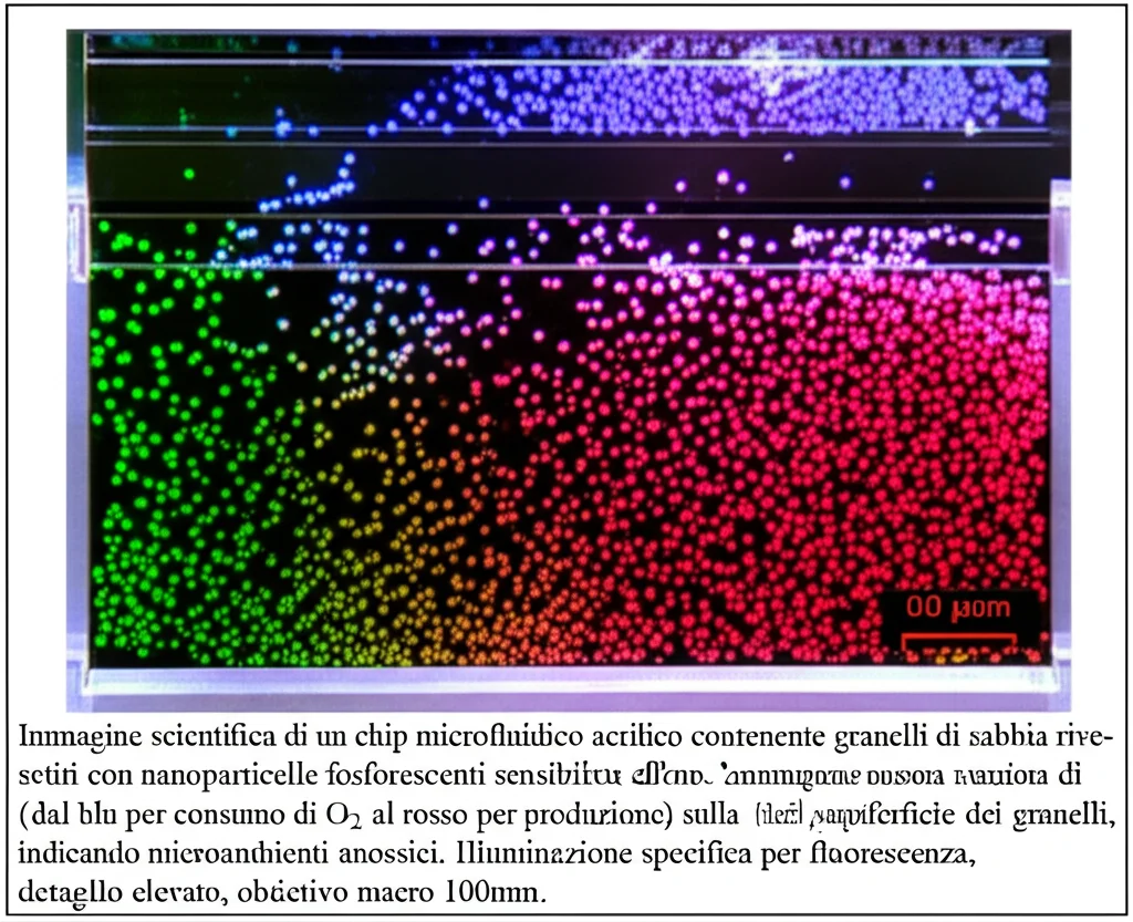 Immagine scientifica di un chip microfluidico acrilico contenente granelli di sabbia rivestiti con nanoparticelle fosforescenti sensibili all'ossigeno. L'immagine mostra variazioni di colore (dal blu per consumo di O2 al rosso per produzione) sulla superficie dei granelli, indicando microambienti anossici. Illuminazione specifica per fluorescenza, dettaglio elevato, obiettivo macro 100mm.